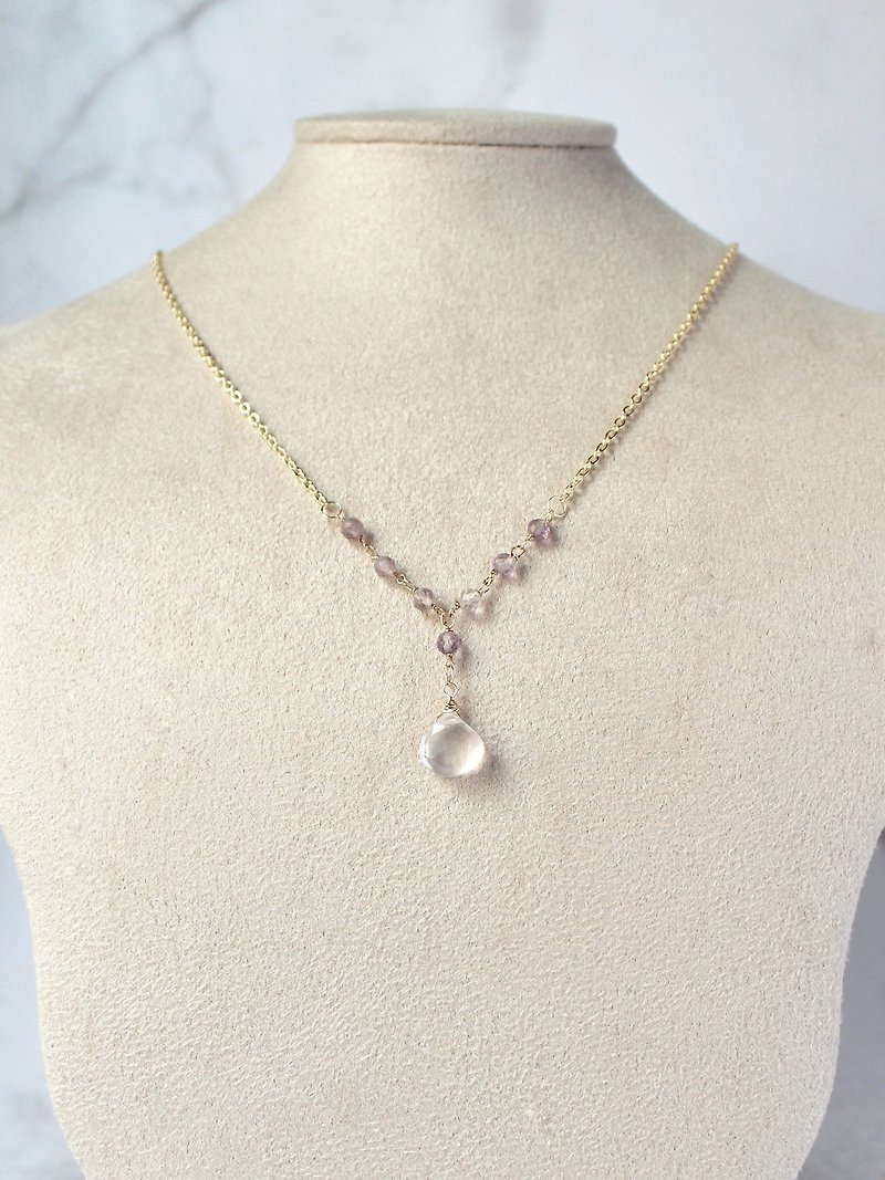 Elegant pink crystal gold necklace 45.5CM extension chain 5CM - Necklaces - Semi-Precious Stones Pink