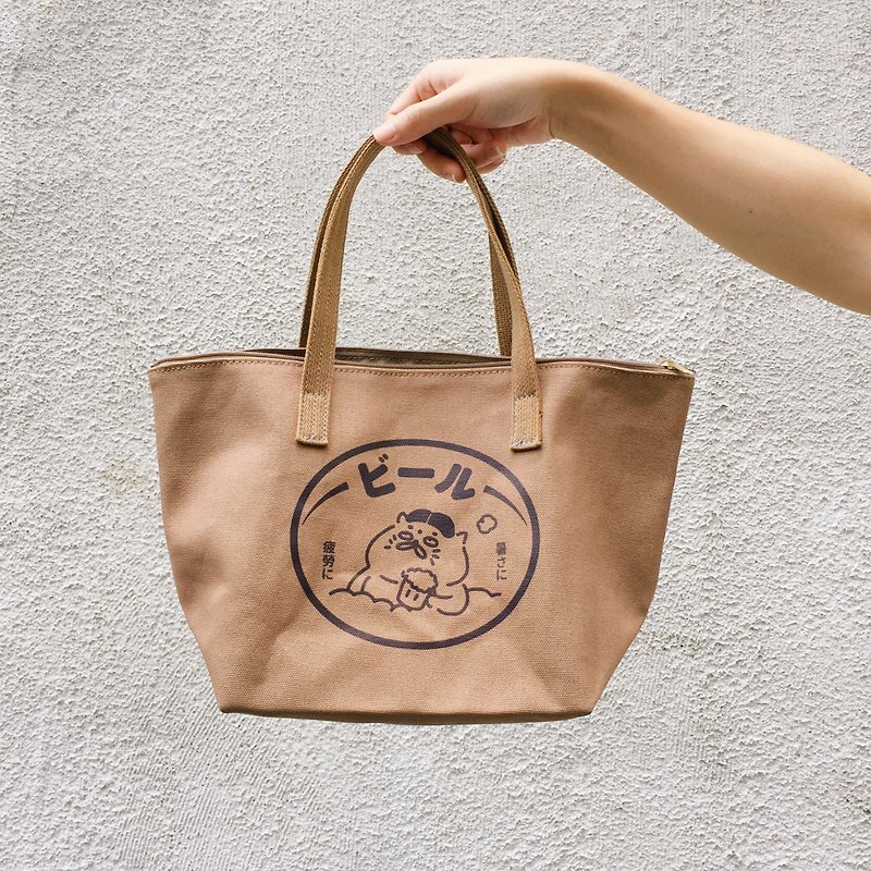 Yushi Laboratory X One Canvas Bag Beer Advertising Zipper Wide Bottom Lunch Bag Tote Bag Canvas Bag - Handbags & Totes - Cotton & Hemp Khaki