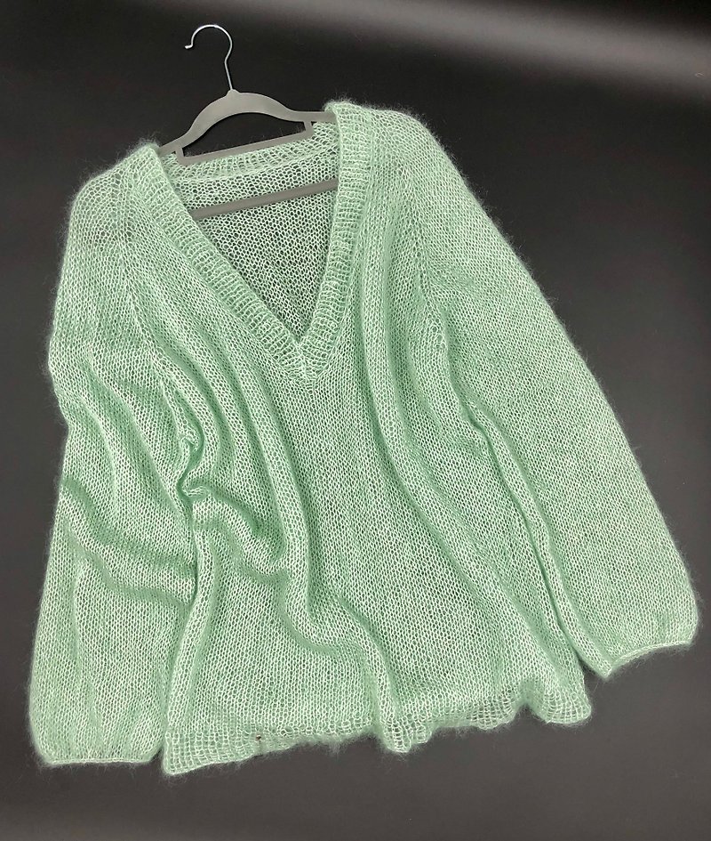 Elegant woman knitted jumper in made of light green Japanese mohair with lurex - สเวตเตอร์ผู้หญิง - ขนแกะ 