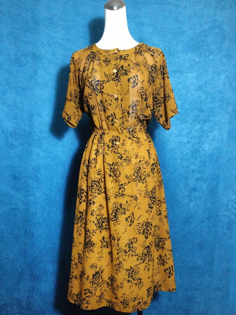 Ping-pong vintage [vintage dress / flower silhouette vintage long dress] back short-sleeved foreign VINTAGE - ชุดเดรส - เส้นใยสังเคราะห์ สีนำ้ตาล