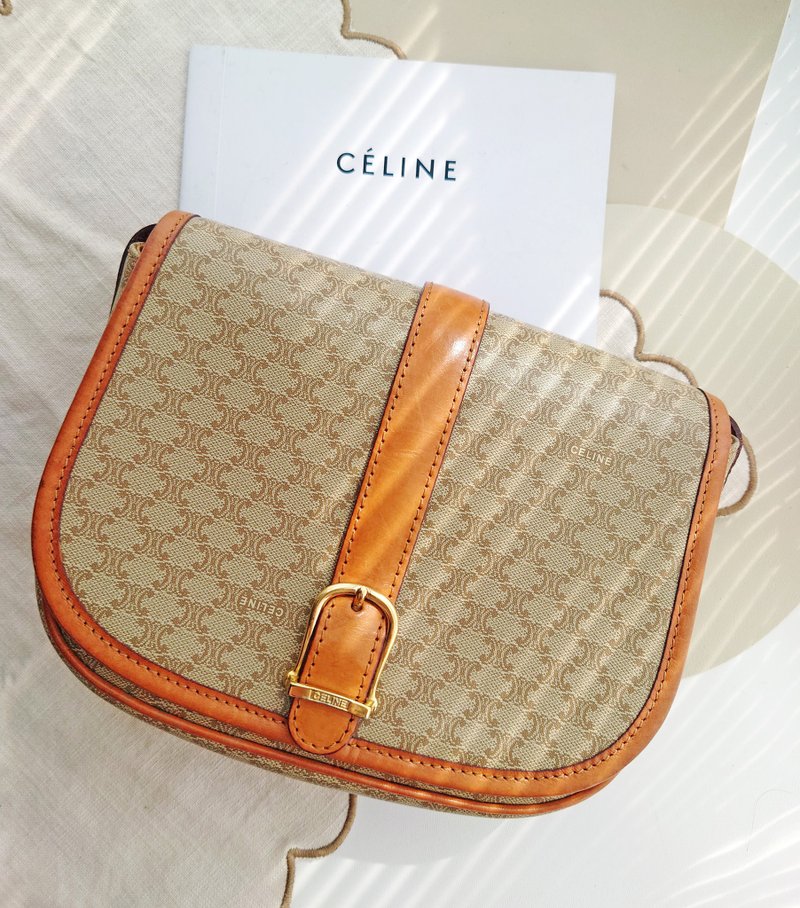 中古包 CELINE 米花凱旋門馬鞍包半月包單肩包斜背包斜揹包斜挎包 - 側背包/斜背包 - 防水材質 卡其色