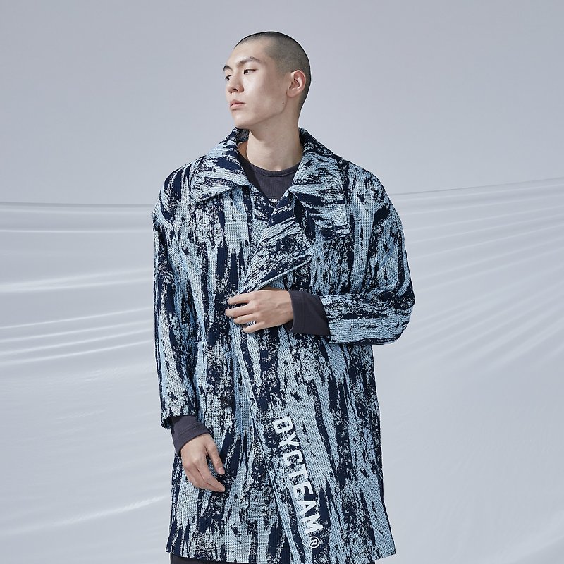 DYCTEAM - Brush Pattern Jacquard Trend Coat 筆刷大翻領大衣 - 外套/大衣 - 棉．麻 藍色
