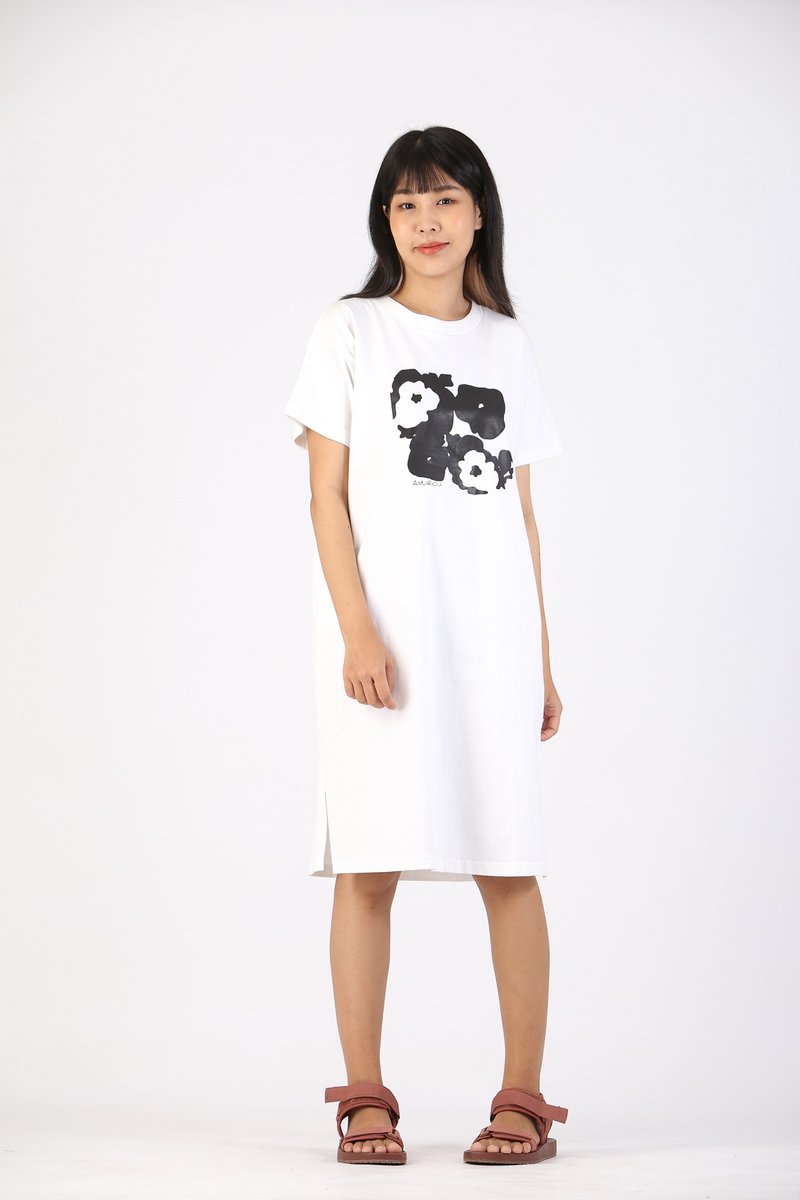 Short Dress Cotton Digital Print Screen - 洋裝/連身裙 - 棉．麻 白色