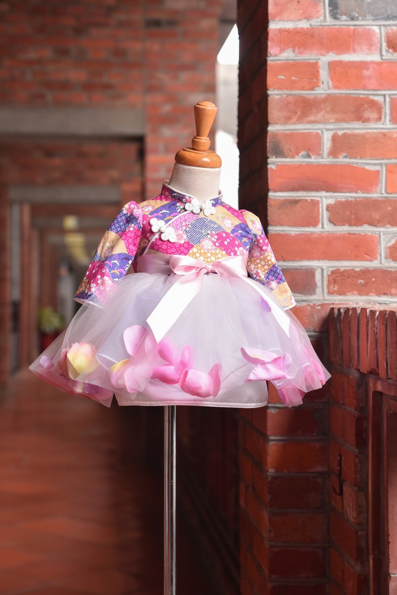 花蝴蝶改良式旗袍禮服 七分袖 - 男/女童禮服 - 棉．麻 粉紅色