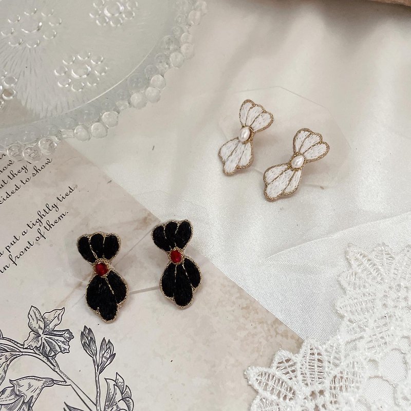 Handmade Embroidery // Small Knot Earrings // Changeable Clip - Earrings & Clip-ons - Thread Black