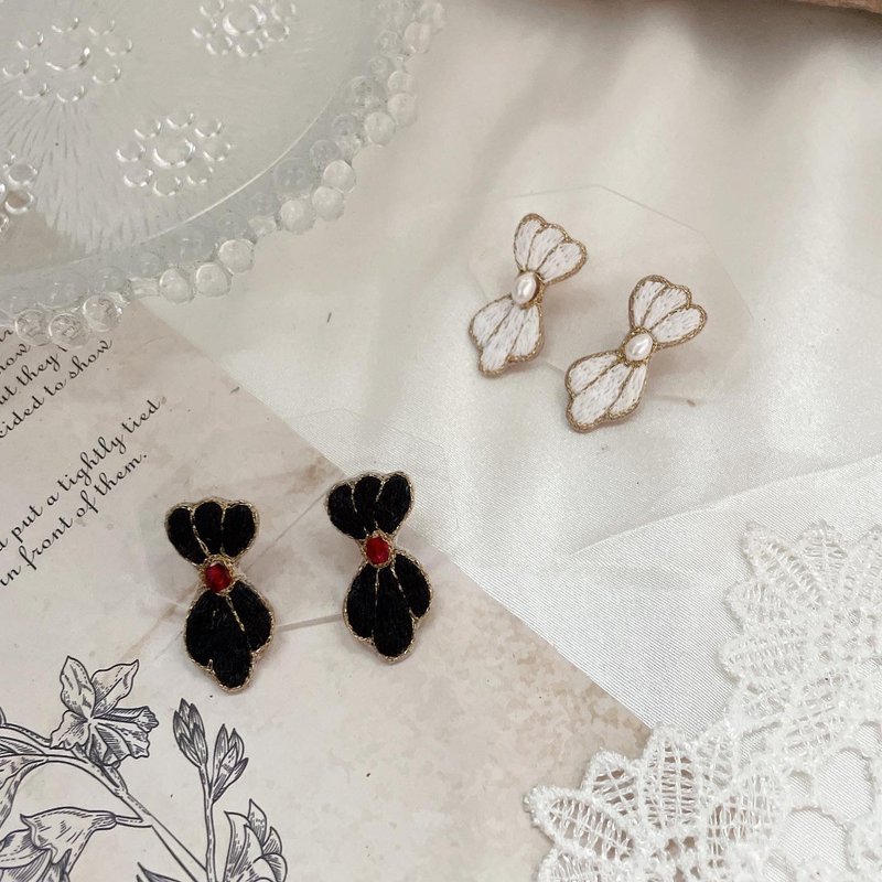 Handmade Embroidery // Small Knot Earrings // Changeable Clip - Earrings & Clip-ons - Thread Black