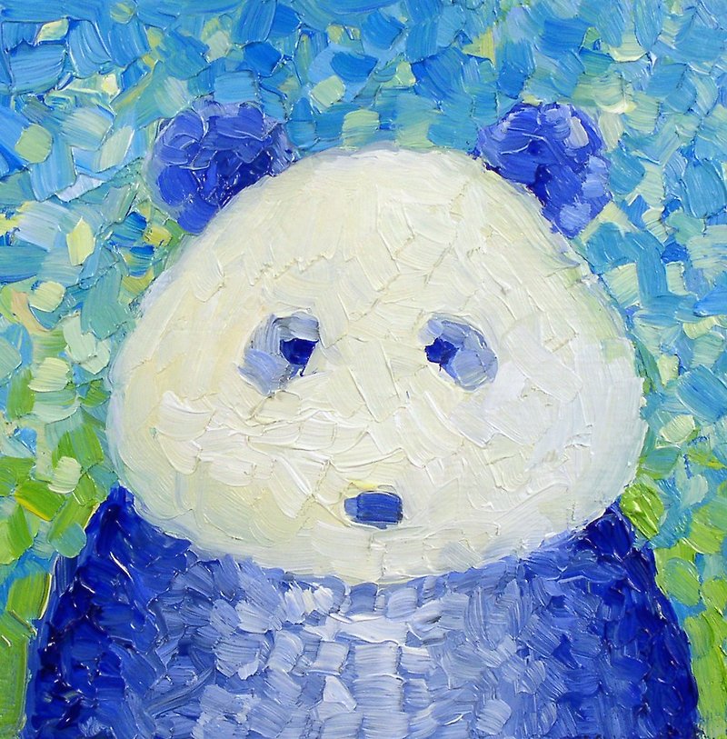 Oil Painting Cute Panda Blue Mini Painting Panda Wall Decor - โปสเตอร์ - วัสดุอื่นๆ สีน้ำเงิน
