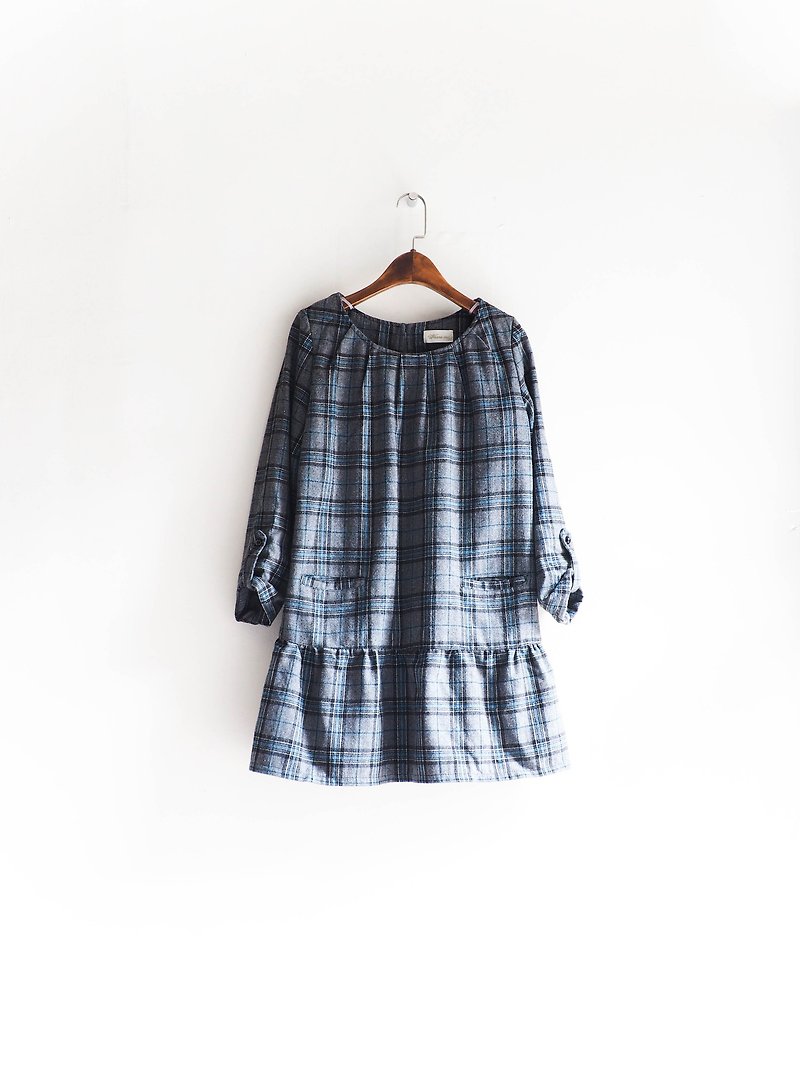 River Water Mountain - Niigata sea blue light gray Plaid girl log Lianny hanky dress neutral Japan overalls oversize vintage - ชุดเดรส - ขนแกะ สีเทา