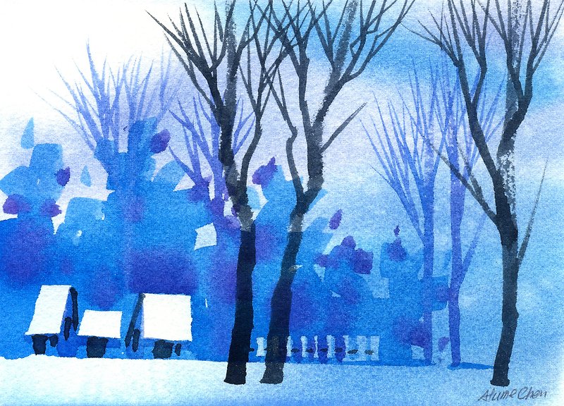 「ヒーリング部門森シリーズB-2」限定版の手描きの水彩画のポストカード/クリスマスカード - カード・はがき - 紙 ブルー