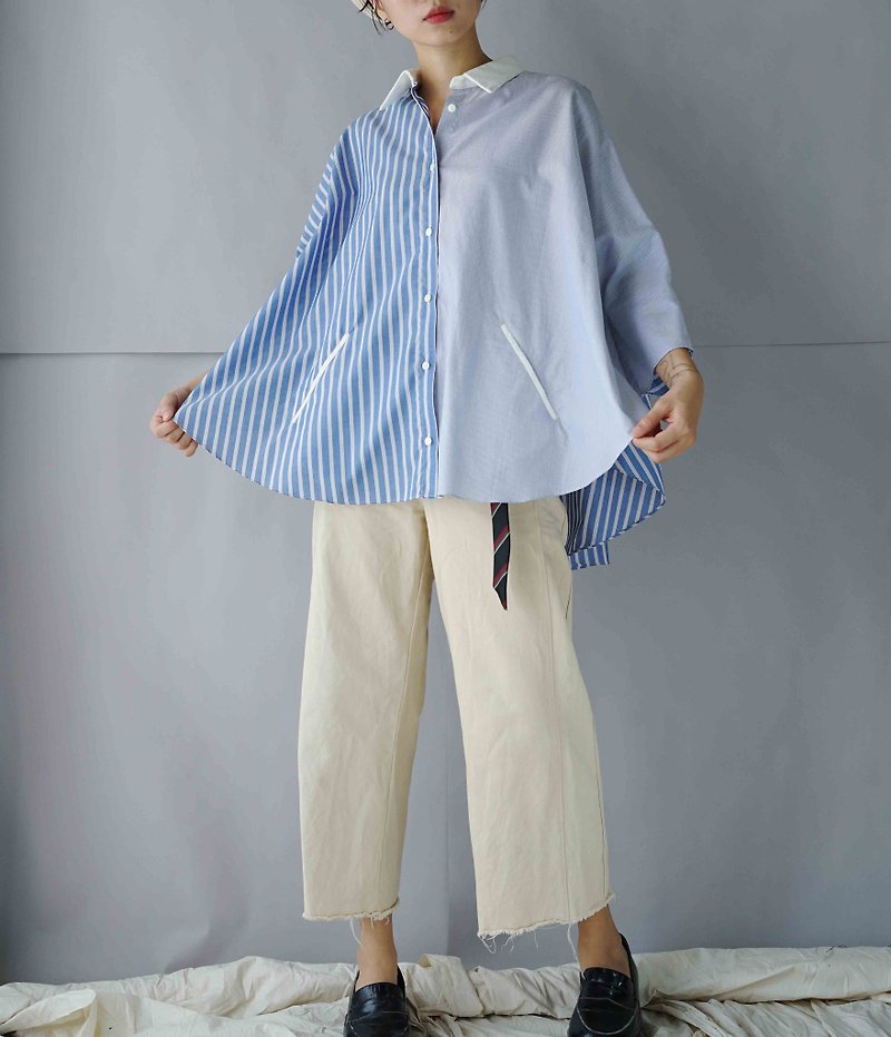 Design Handmade - Neutral stitching white collar cloak lining - เสื้อเชิ้ตผู้หญิง - ผ้าฝ้าย/ผ้าลินิน สีน้ำเงิน