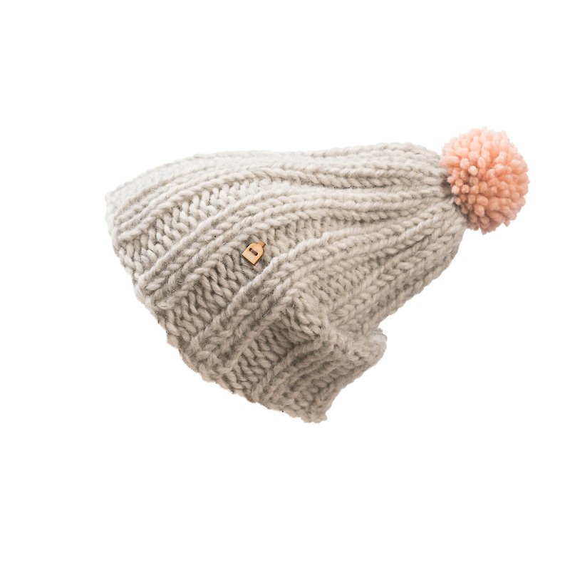 KAAMOS 成人手工羊毛帽 (淺灰粉紅球球) - 帽子 - 羊毛 灰色