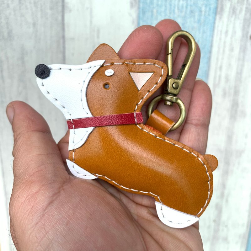 Healing gadgets handmade leather brown corgi dog hand-sewn keychain small size - ที่ห้อยกุญแจ - หนังแท้ สีนำ้ตาล