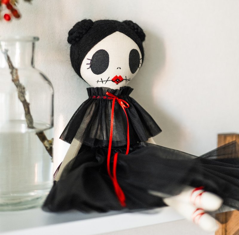 Halloween art doll / Haunted horror cute rag doll / Creepy goth voodoo doll - ตุ๊กตา - ลินิน สีดำ