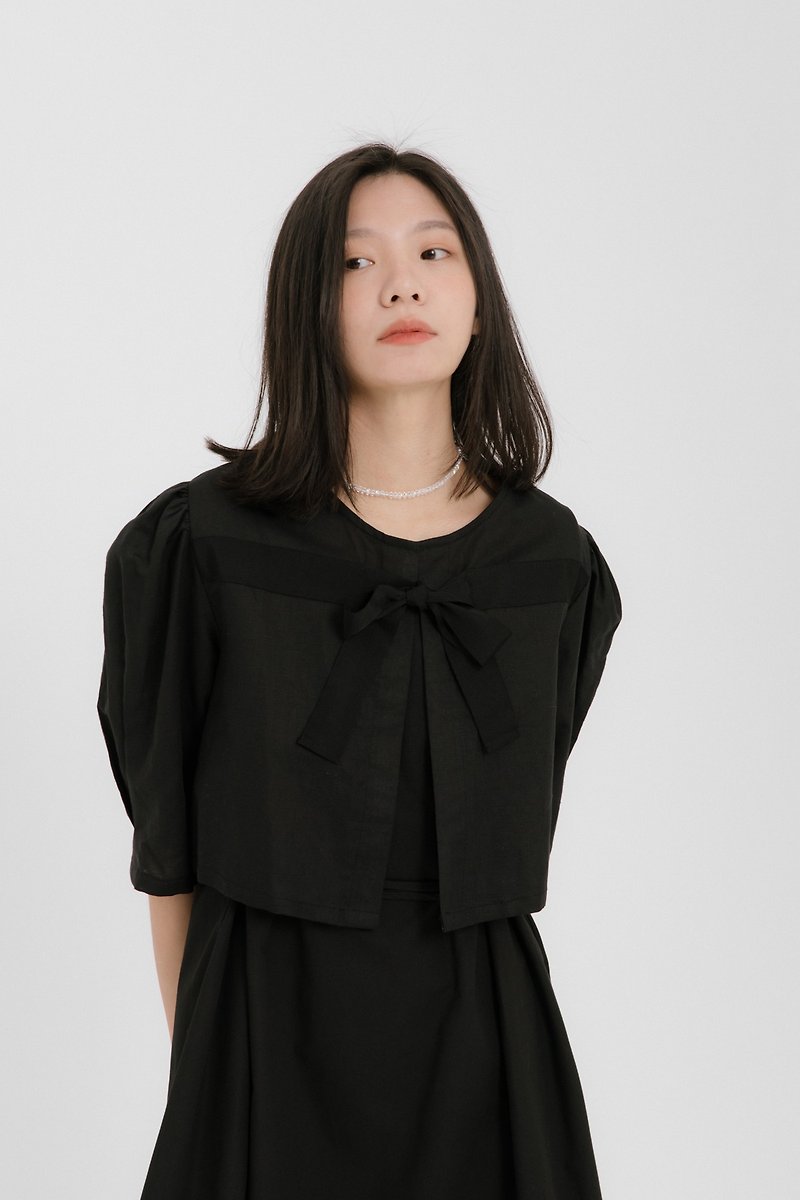 黑色棉麻 蝴蝶結綁帶設計 短版短袖外套 - 恤衫 - 棉．麻 黑色