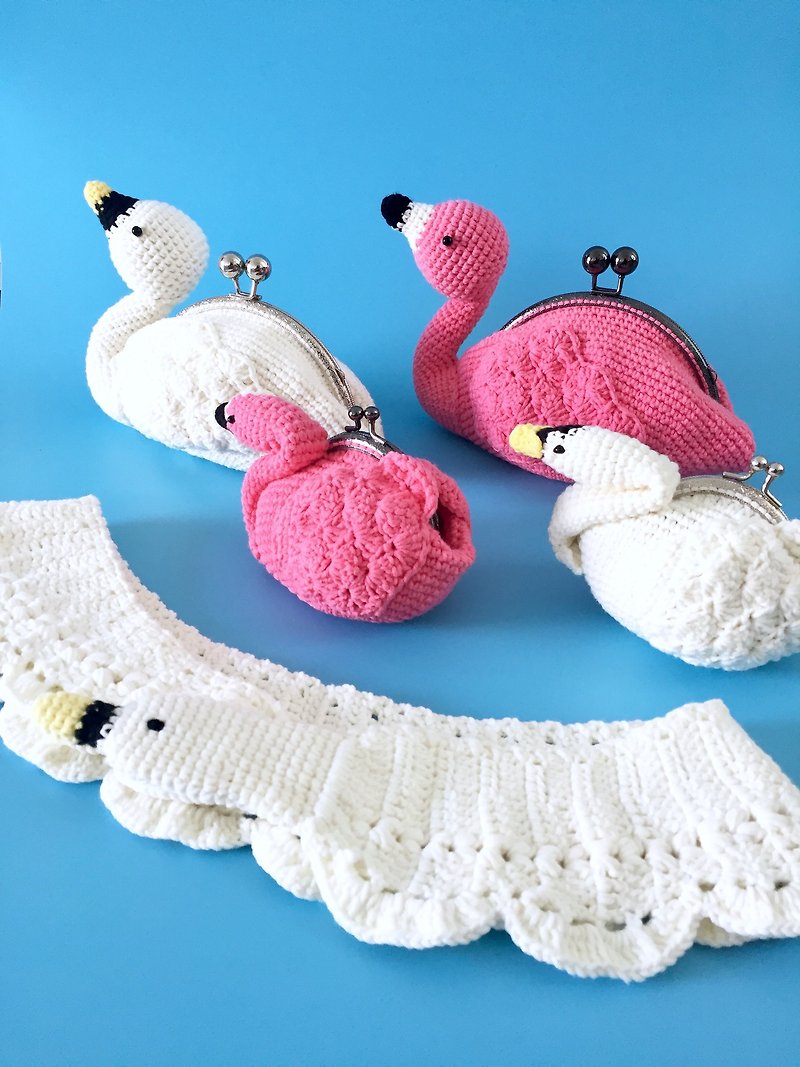 Crochet White Swan / Flamingo Port Coin Purse - Coin Purses - Cotton & Hemp Pink