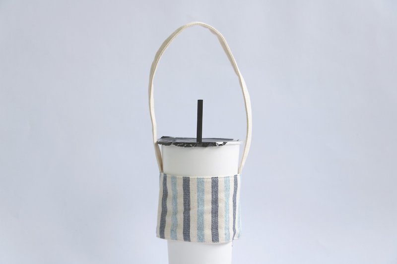 MaryWil Eco Cup Set Beverage Bag Lightweight - Deep Blue Aqua Coarse Stripe - Beverage Holders & Bags - Cotton & Hemp Blue