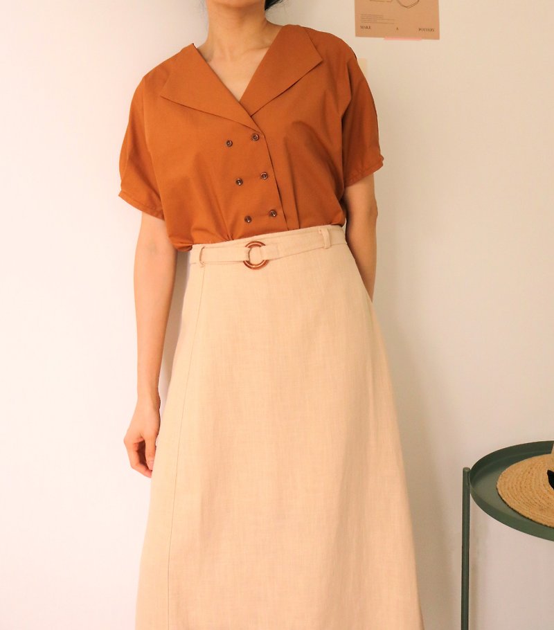 Sammi Blouse Caramel Vintage Double Breasted Cotton Short Shirt Customizable - เสื้อเชิ้ตผู้หญิง - ผ้าฝ้าย/ผ้าลินิน 