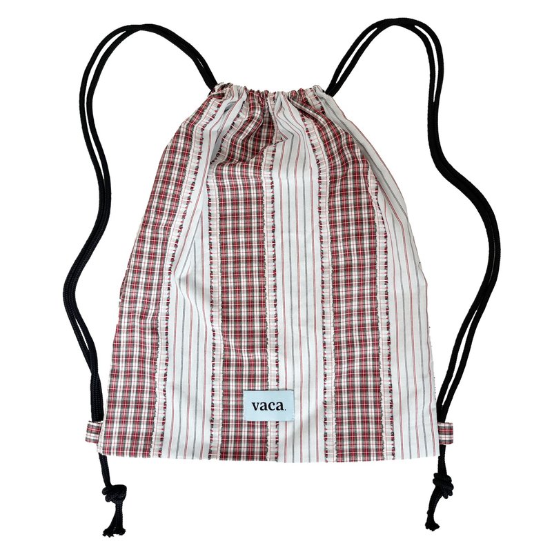 FRINGE CHECK GYM SACK BAG (RED) - 束口袋/束口背包/水桶包 - 棉．麻 紅色