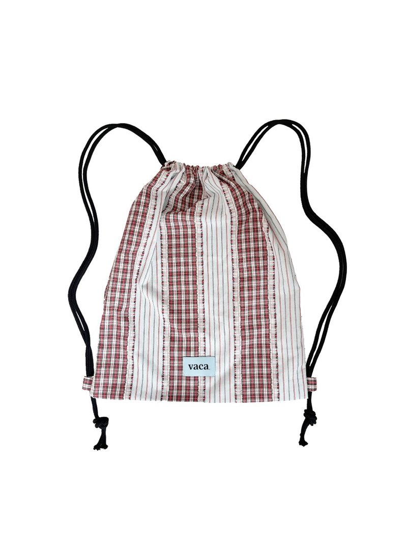 FRINGE CHECK GYM SACK BAG (RED) - 束口袋/束口背包/水桶包 - 棉．麻 紅色