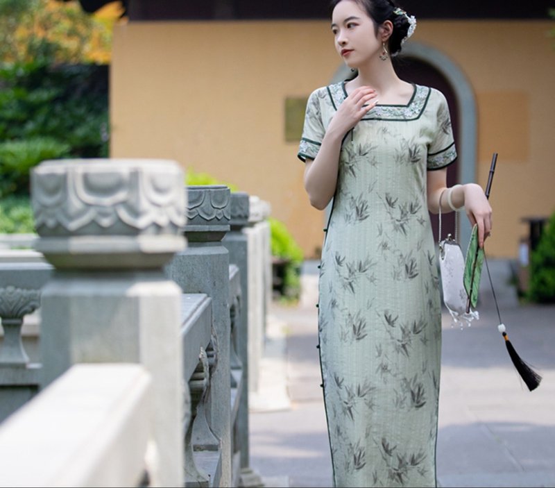 風許青枝 新中式復古  少女文藝森系旗袍 - 旗袍/改良式旗袍 - 其他材質 綠色