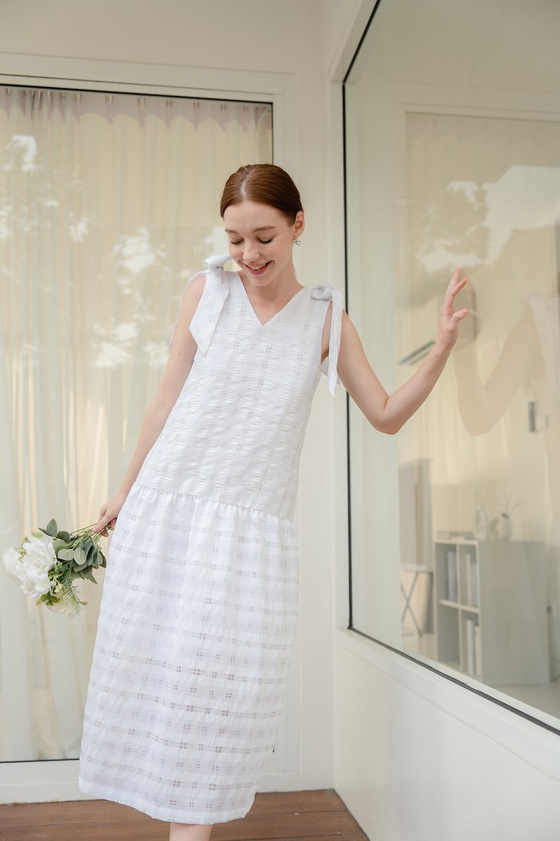 棉．麻 洋裝/連身裙 白色 - BIRUCHU PUDDING DRESS : White Cotton SeerSucker 洋裝 白色
