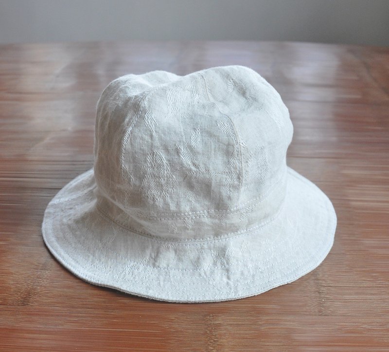 Cotton Linen hat - white Linen, flowers textured, soft