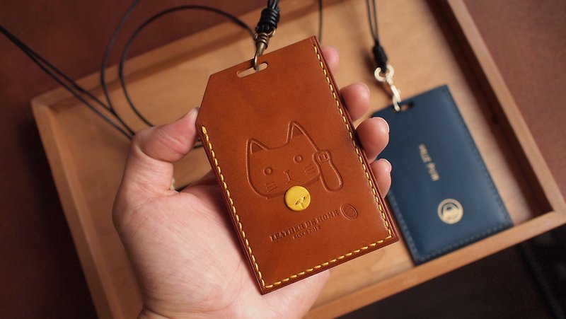 Lucky Cat Leather Work Pass Cover - ID & Badge Holders - Genuine Leather Brown