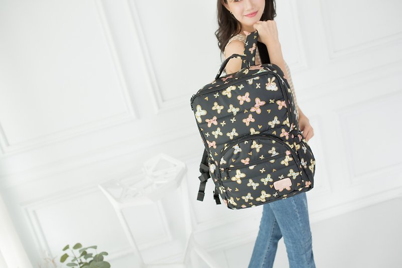 [With waterproof zipper bag / chest buckle] Soybean rot backpack - dark - Diaper Bags - Polyester Black
