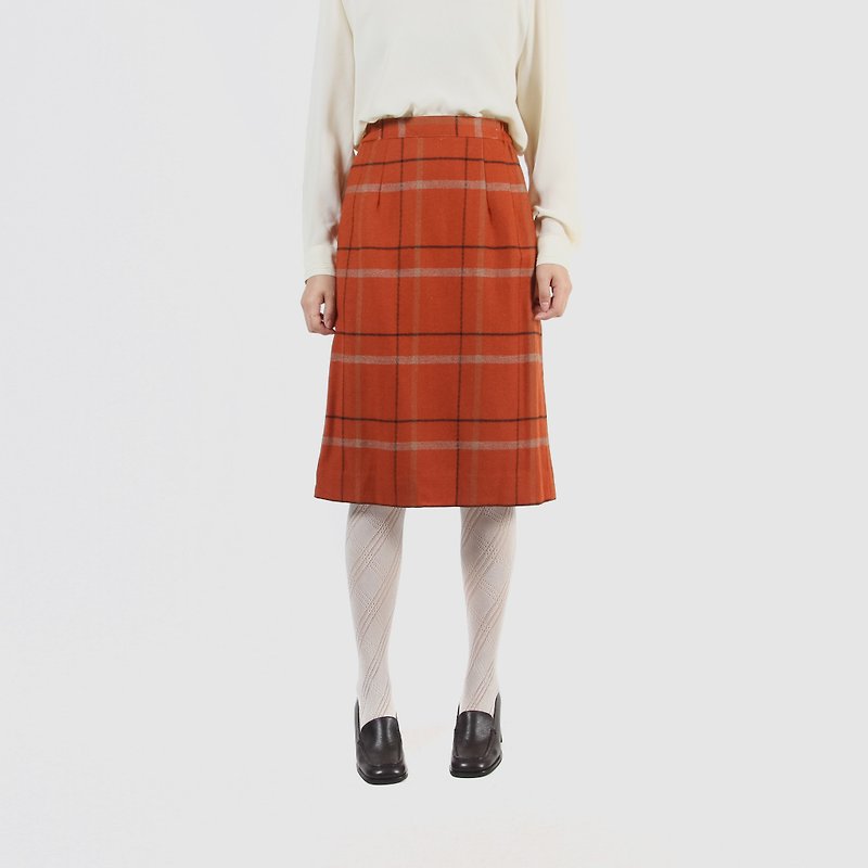 [Egg plant ancient] Persimmon check grain wool dress - Skirts - Wool 