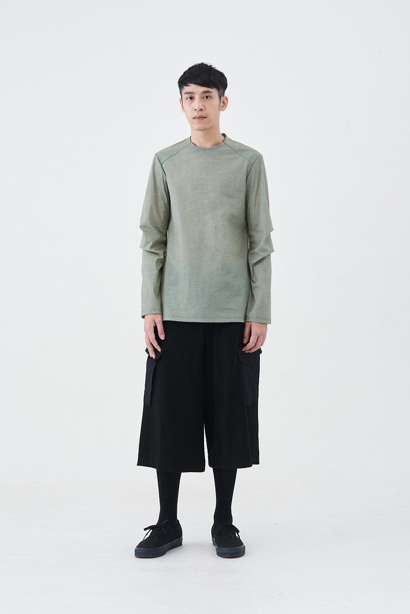 打褶袖上衣 (微瑕福利品) - 男 T 恤 - 聚酯纖維 綠色