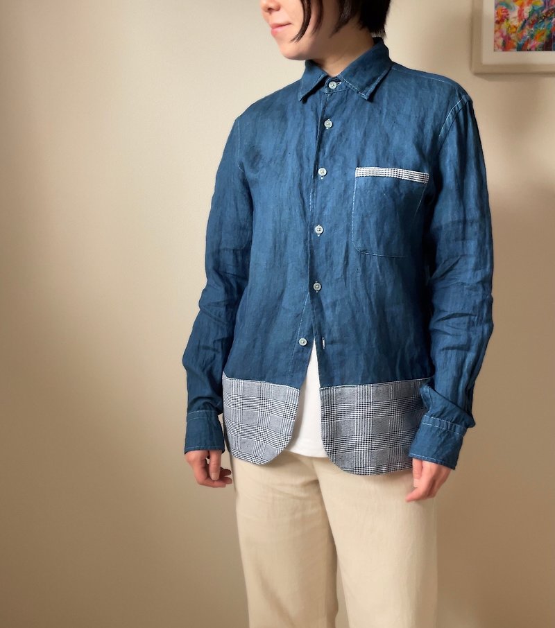 日本製 手染め 藍染 Shirts aizome japanblue　glencheck リネン素材とグレンチェックのコットン切り返しシャツ