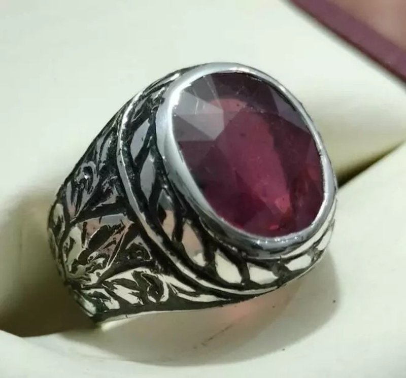 Deep Red Ruby Mens Ring Sterling Silver 925 Yaqut Ring Handmade Ruby Rubin Ring - 戒指 - 寶石 紫色