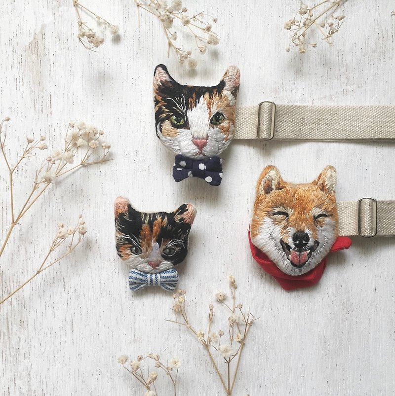 Customize Pet Embroidery Brooch and Bowtie - Brooches - Cotton & Hemp 