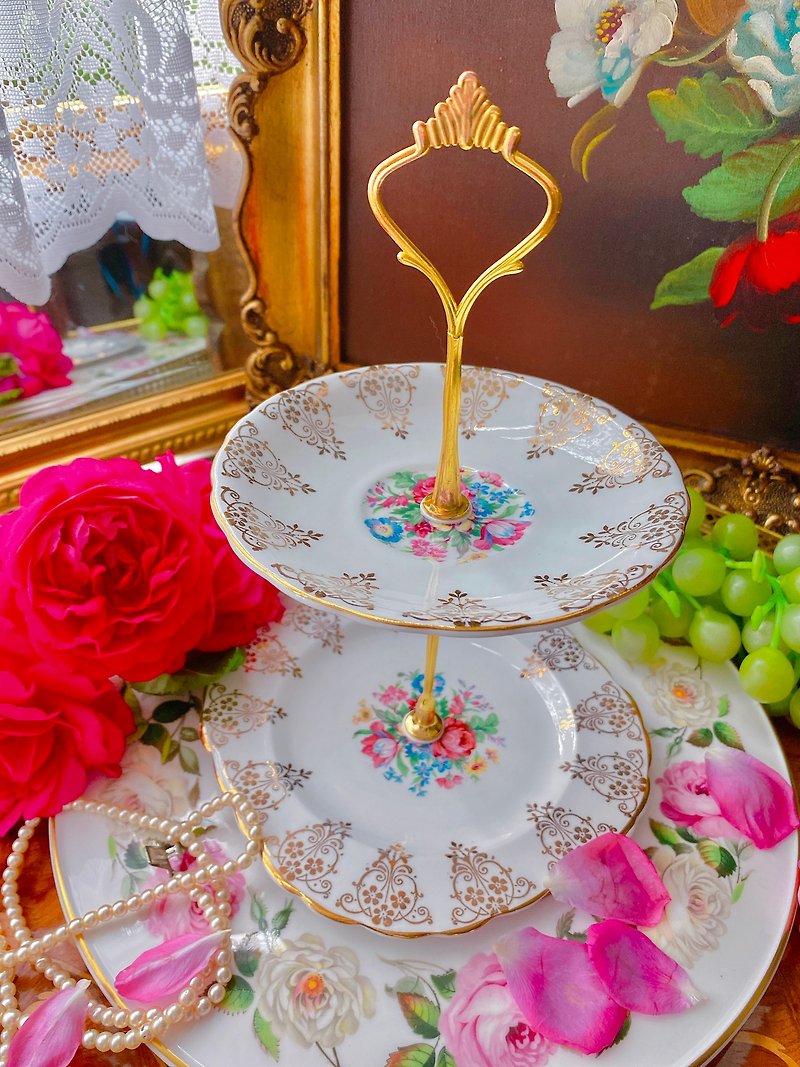 British-made 24k gold hand-painted floral bone china double cake plate jewelry plate afternoon tea snack stand