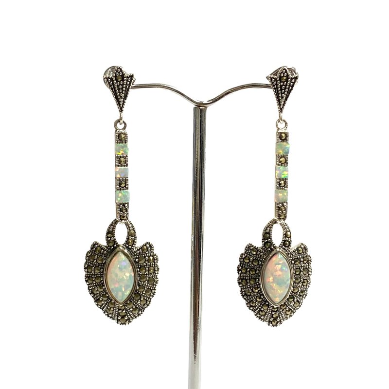 Victorian Gilson Opal and Marcasite Set Pendant and Earrings 925 Sterling Silver - 耳環/耳夾/耳骨夾 - 純銀 銀色