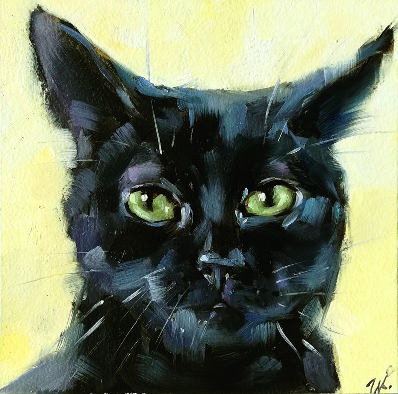 Black Cat Painting Pet Original Oil Painting Cat Artwork  Animal Mini Art - 海報/掛畫/掛布 - 其他材質 多色