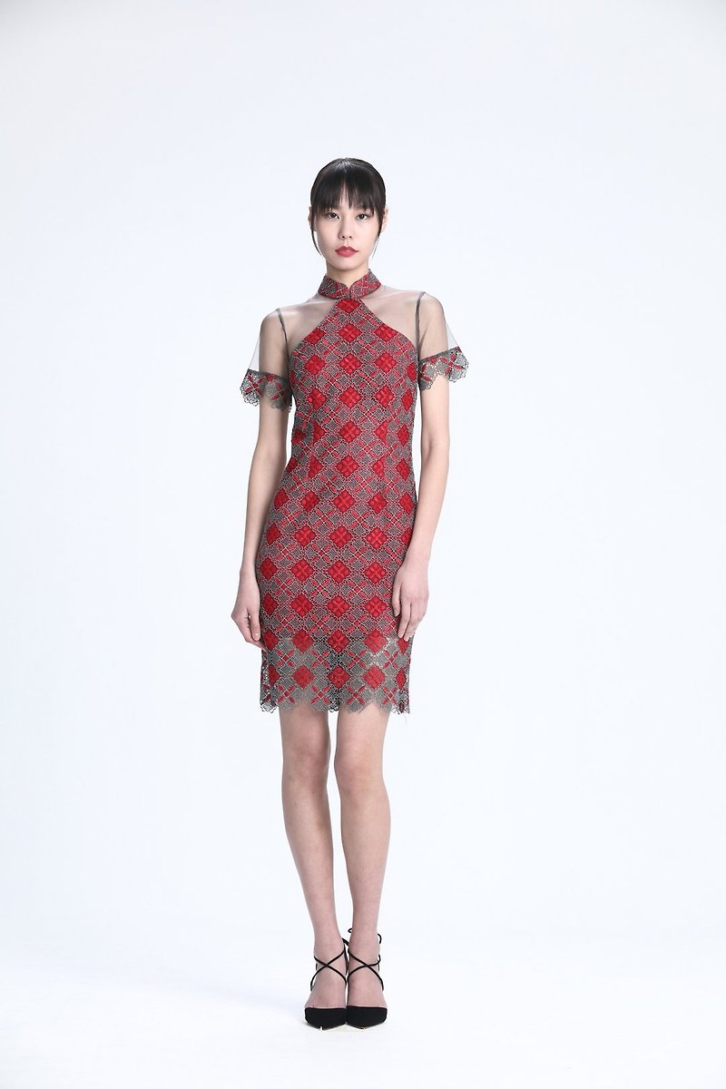 RED AND SILVER RHOMBUS LACE SEE-THROUGH SHORT SLEEVES QIPAO