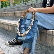 デニムパッチワークトートバッグ ハンドメイド トートバッグ M