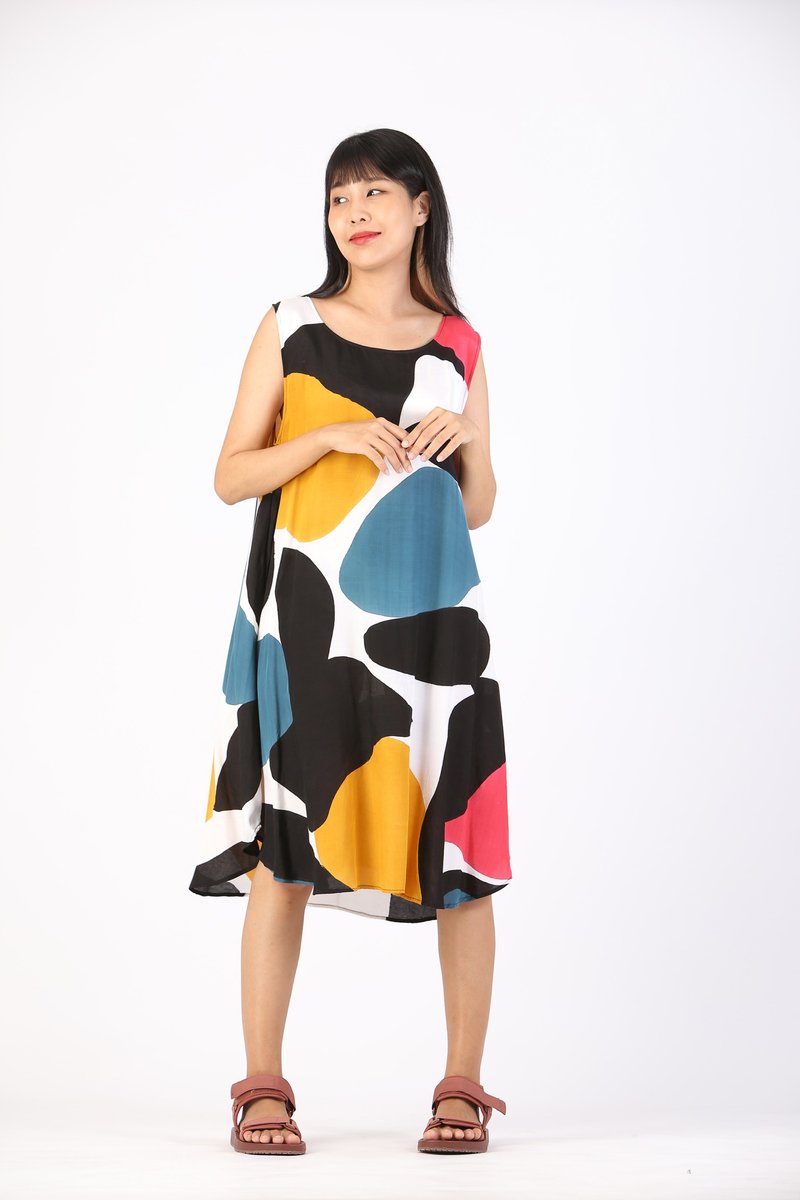 Short Dress Cotton Rayon Hand Paint For Summer Beach Vacation - 洋裝/連身裙 - 棉．麻 黑色