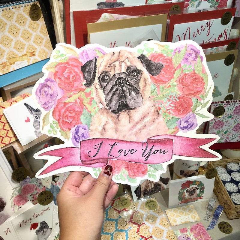Hand drawn watercolor pug dog I love you I love you card - การ์ด/โปสการ์ด - กระดาษ สีกากี