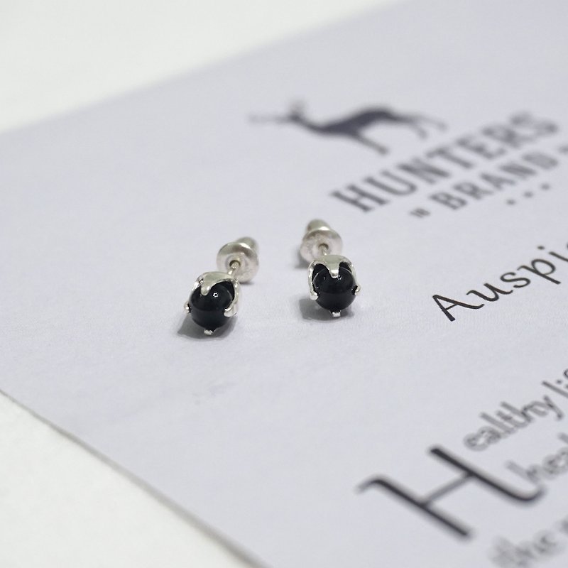 ll July birthstone ll 4mm black onyx - 925 sterling silver earrings/pair with silver earrings - ต่างหู - เครื่องประดับพลอย สีดำ