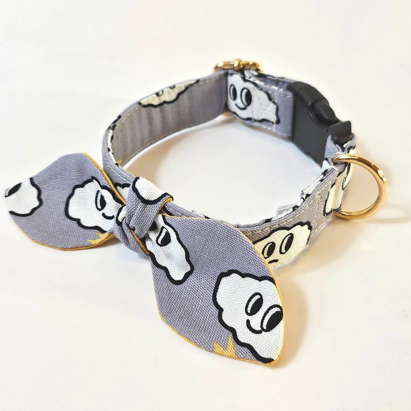 Smile Cloud Gray | Patterned Fabric Dog Collar - ปลอกคอ - ผ้าฝ้าย/ผ้าลินิน ขาว