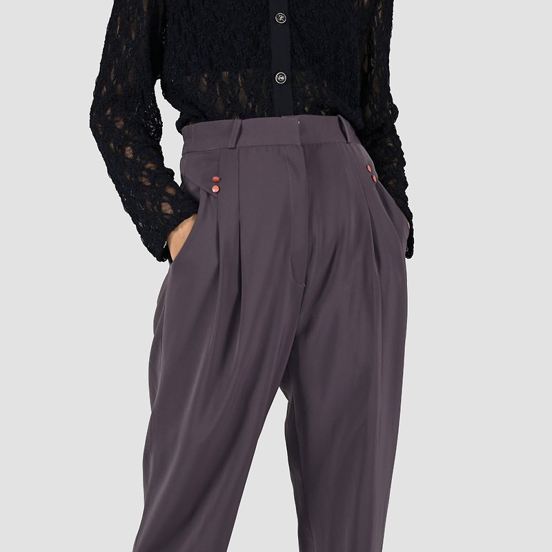 【Egg Plant Vintage】Sayyue 氤氲 pure color high waist vintage old trousers - กางเกงขายาว - ไฟเบอร์อื่นๆ 