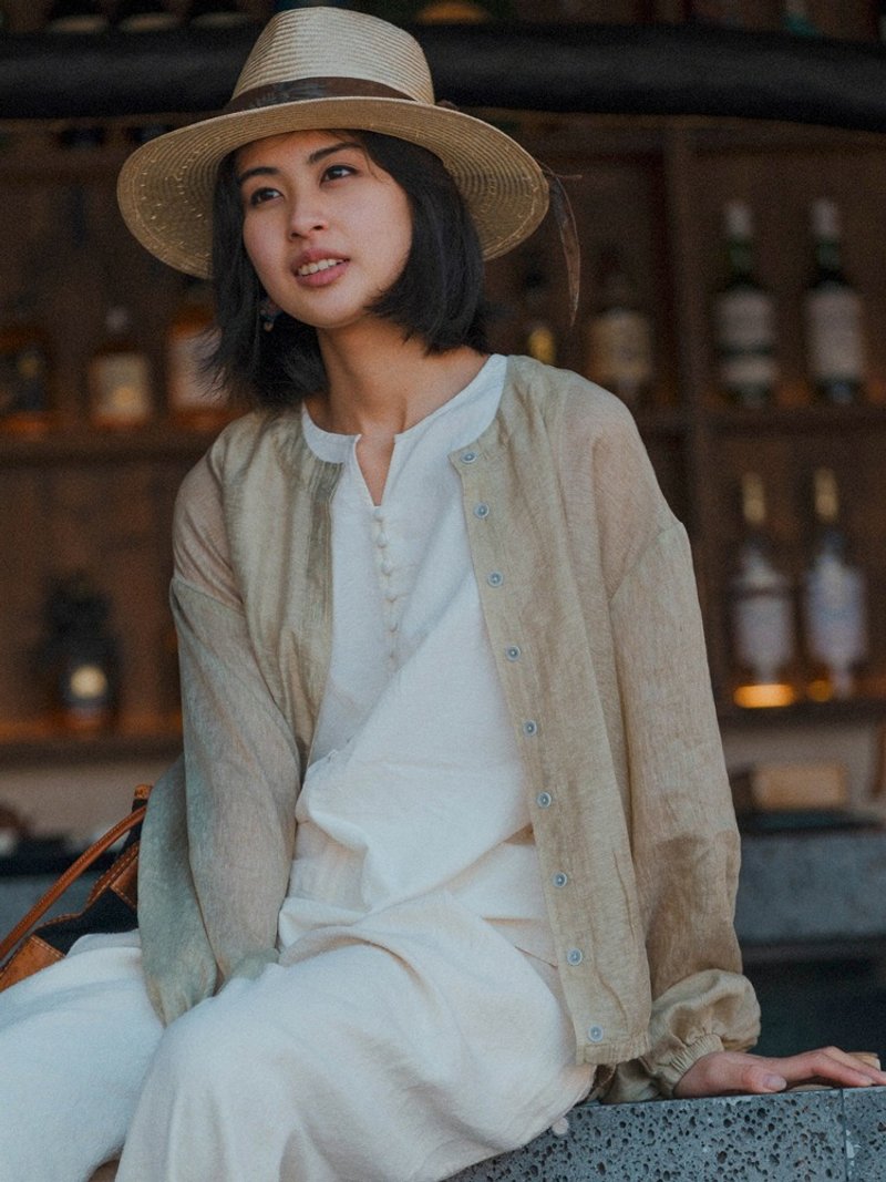 臓粉/青綠 天絲亞麻提花抽縐燈籠袖防曬襯衫 開衫薄外套 - 女襯衫 - 棉．麻 綠色