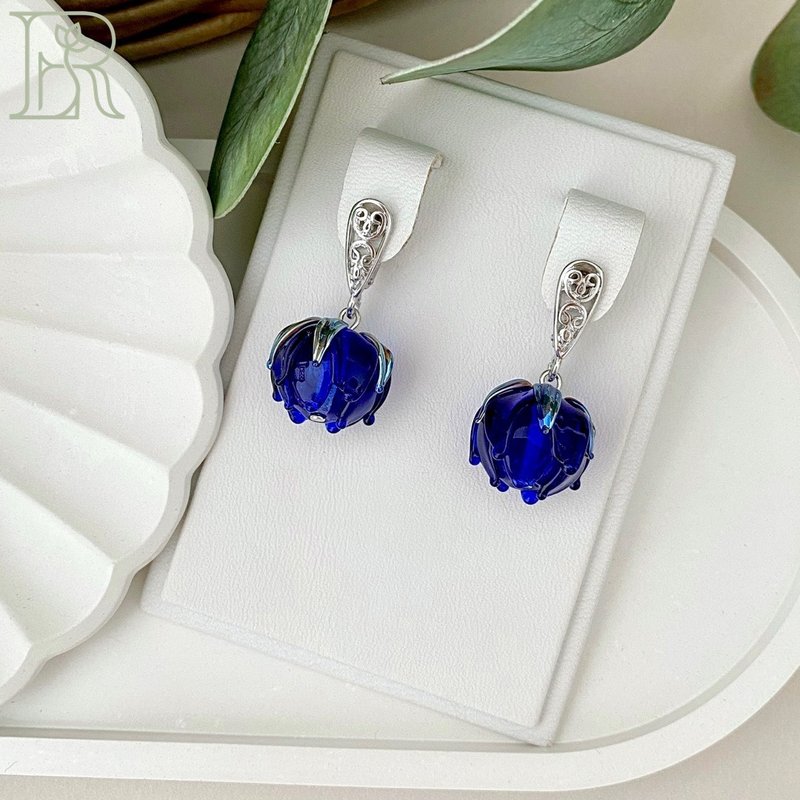 Spring Sterling Silver Dangle Earrings / Goddess Boho Bridal Silver Jewelry - 耳環/耳夾/耳骨夾 - 純銀 藍色