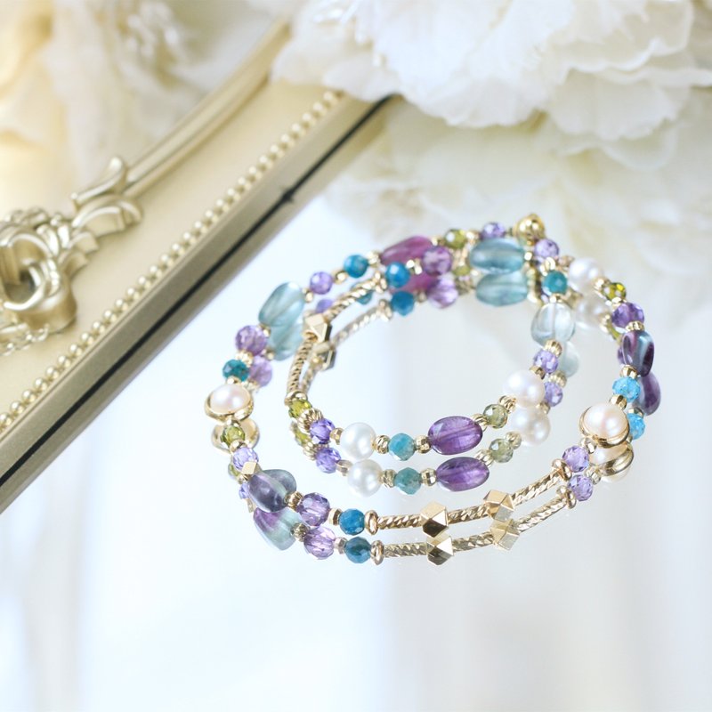 Aurora in Momansk. Stone/ Amethyst / Pearl / Stone crystal double circle bracelet natural stone - สร้อยข้อมือ - เครื่องเพชรพลอย สีม่วง