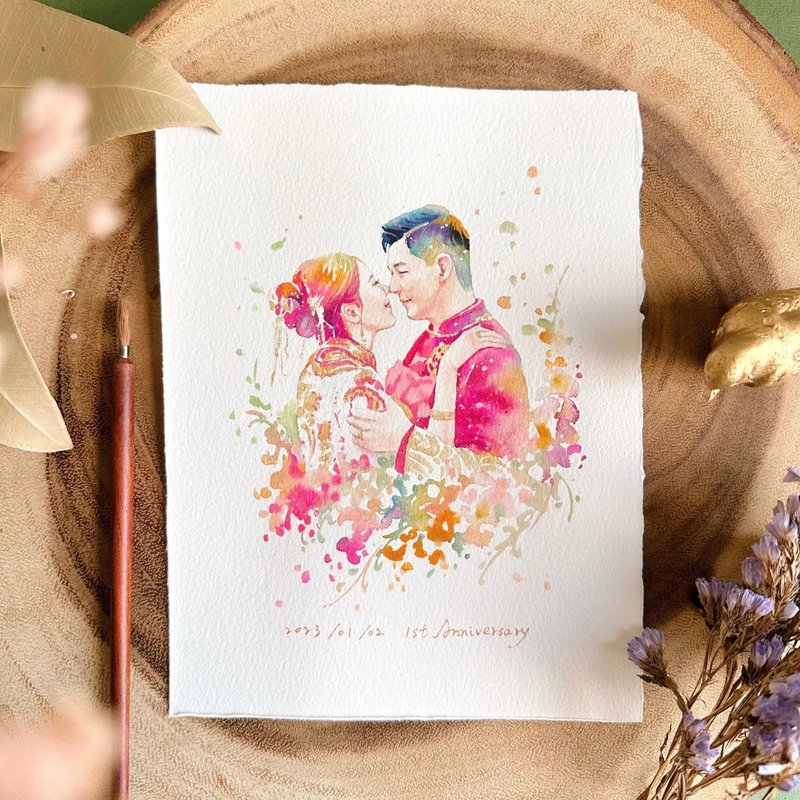 Hand-painted watercolor face painting | Hand-painted Chinese wedding portrait portrait painting customized birthday wedding wedding - ภาพวาดบุคคล - กระดาษ 