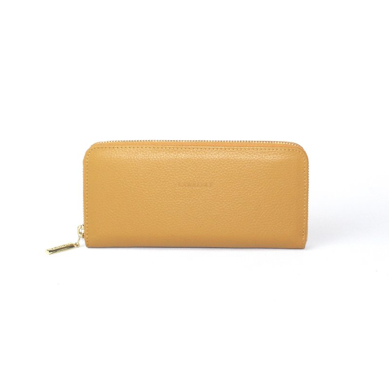 Mustard lychee embossed leather long zipper clip (anti-theft brush) birthday gift - Wallets - Genuine Leather Yellow