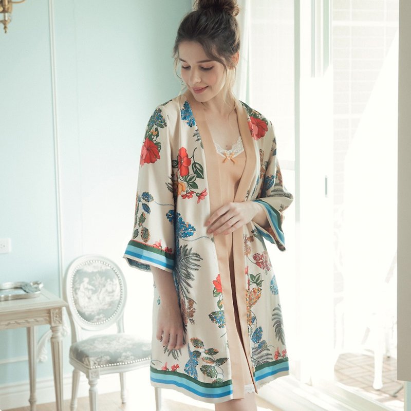 Home Wear Imperial Palace Garden Print Soft Skin Soft Satin Banding Outer Robe Top - Rice - Overalls & Jumpsuits - Polyester Khaki
