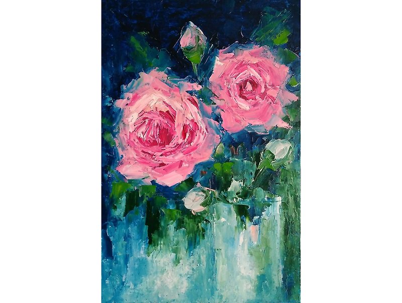 Pink Roses Floral Bouquet Original Painting, Flower Wall Art, Impasto Artwork - โปสเตอร์ - วัสดุอื่นๆ หลากหลายสี